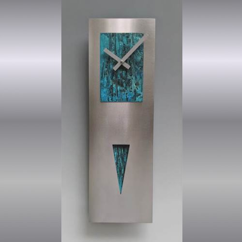 Click to view detail for LL-015 Clock, Spike Pendulum, Steel & Copper Verdigris $229